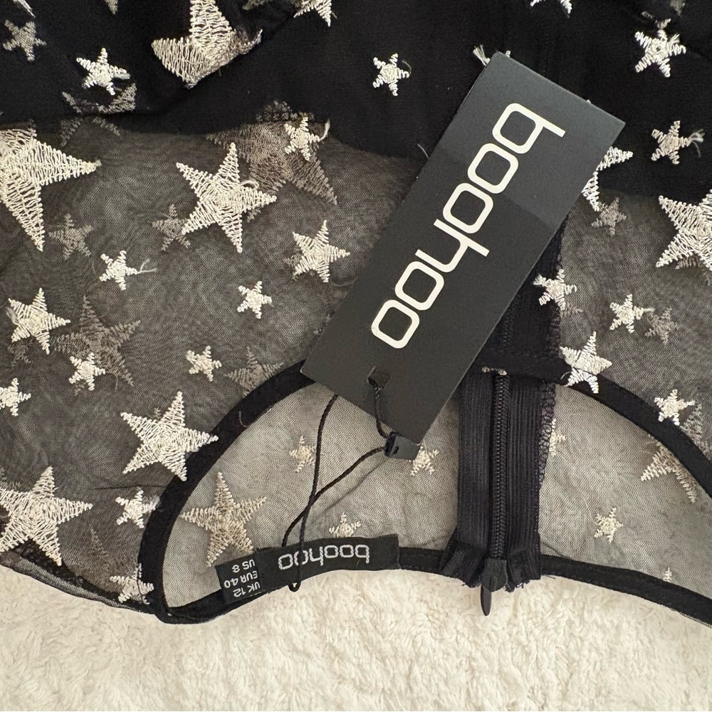 NEW ASOS BOOHOO Black Silver Embroidered Star Tulle Long Sleeve Dress - Picture 5 of 6